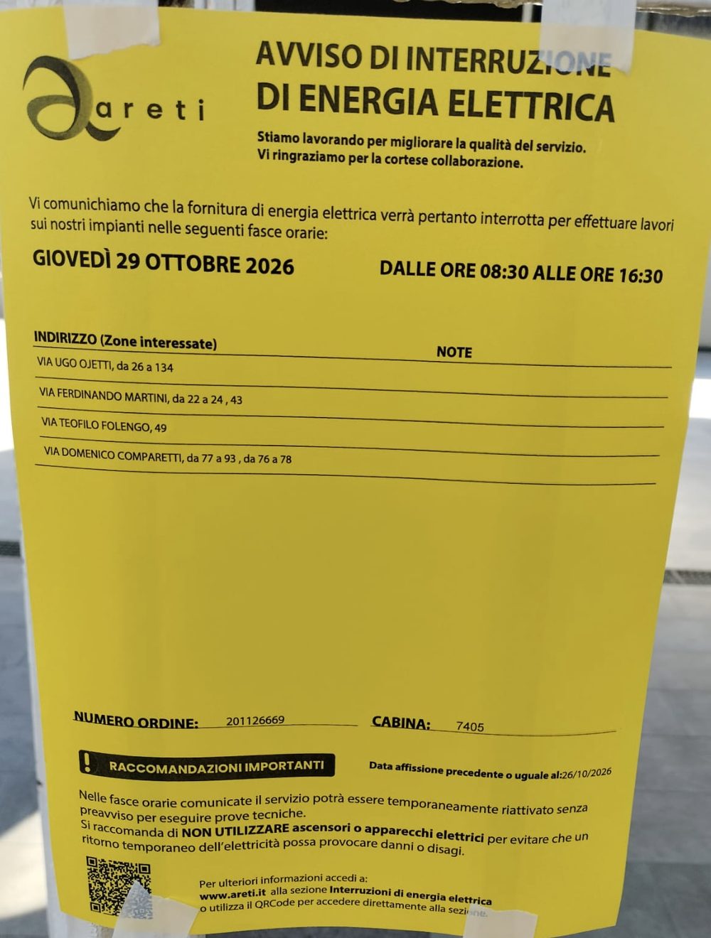 Avviso di Areti: interruzione di energia elettrica giovedì 29 ottobre 2026, dalle ore 8:30 alle ore 16:30, per le vie Ugo Ojetti, Ferdinando Martini, Teofilo Folengo e Domenico Comparetti